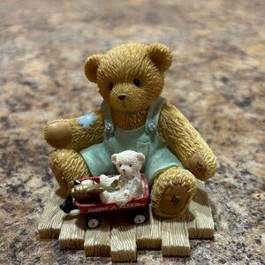Cherished Teddies Bear with Blue Overalls and Red Wagon